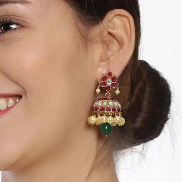 Elegant Gemstone Earrings-Kundan Jadau Silver 92.5 Jhumka