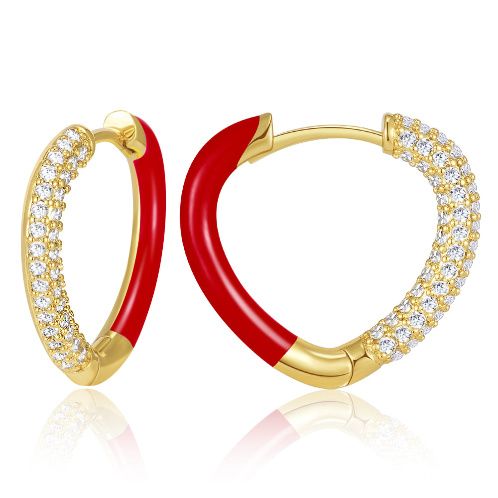 Minimalist Gold Earrings-Red Enamel Heart-shaped Huggie Hoop Earrings