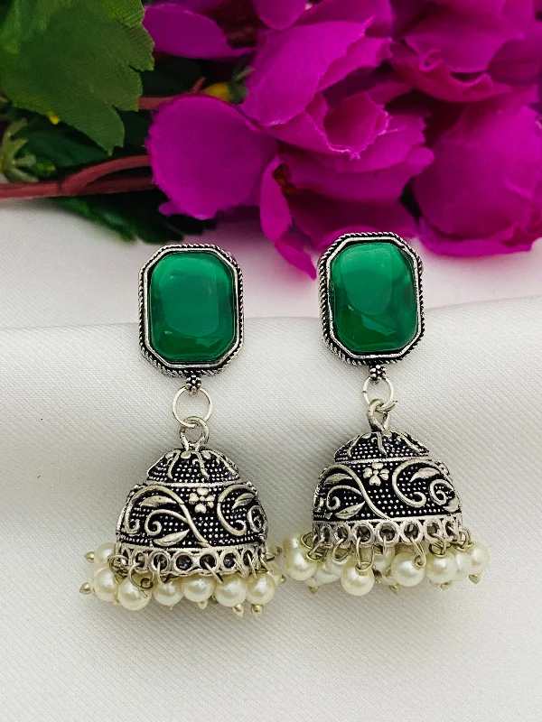 Bright Colorful Earrings-Alluring Green Color Stoned Oxidized Earrings For Women