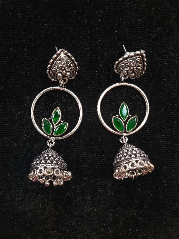 Bridal Hoop Earrings-Alluring Green Color Floral Design Silver Oxidized Jhumka For Women