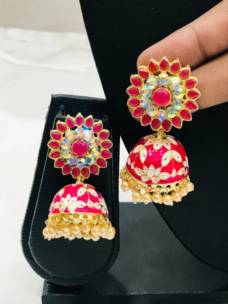 Opal Earrings for Brides-Attractive Pink Color Antique Gold Enameled Jhumkas