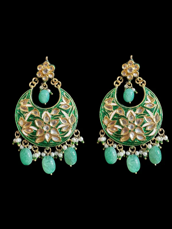 Gemstone Hoop Earrings-Kundan meena earrings - Green ( READY TO SHIP )