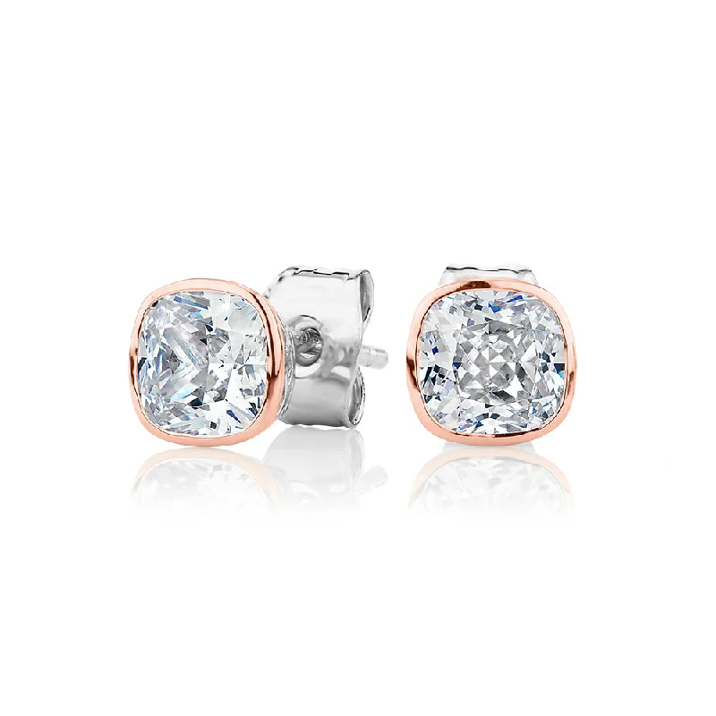 Wedding Pearl Earrings-Cushion stud earrings with 1.52 carats* of diamond simulants in 10 carat rose gold and sterling silver