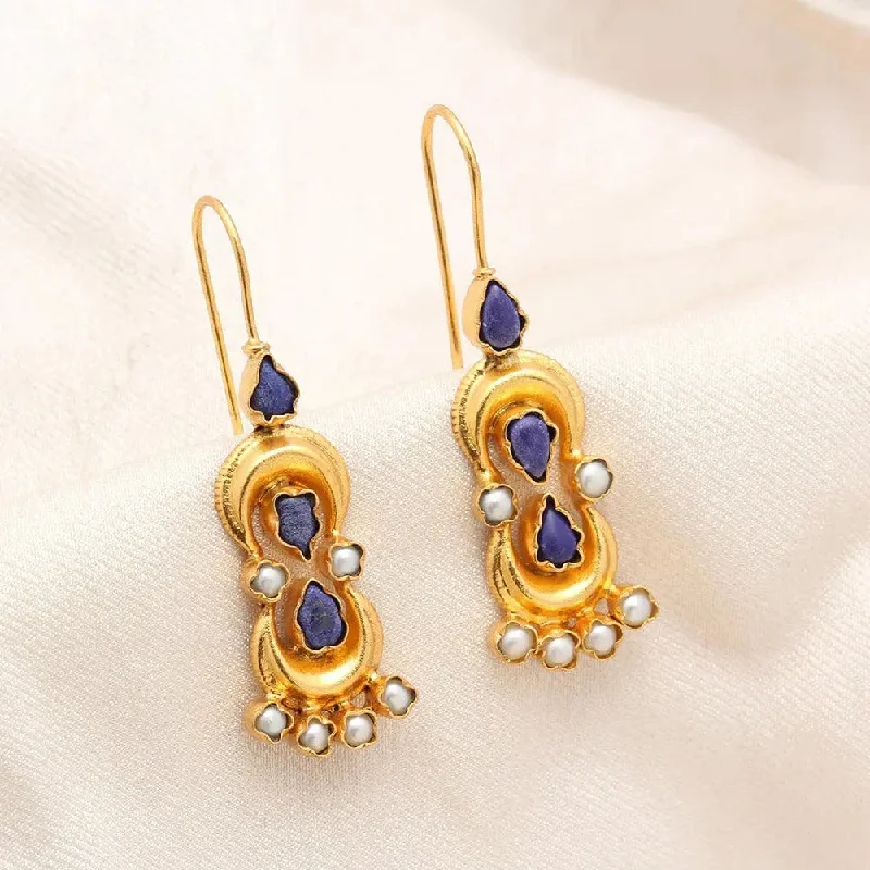 Emerald Drop Earrings-Silver Gold Plated Lapis and Pearl Earrings