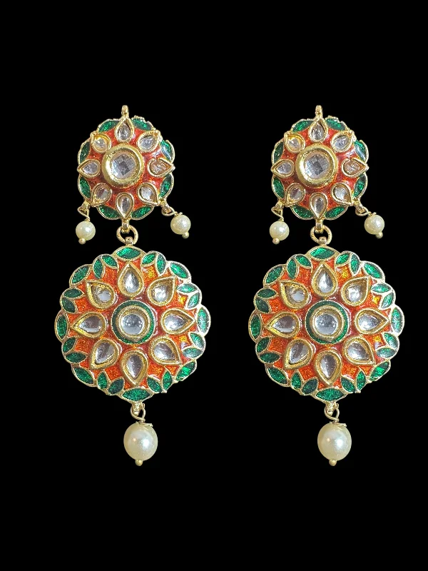 Bridal Gold Earrings-Kundan earrings - orange  green ( READY TO SHIP )