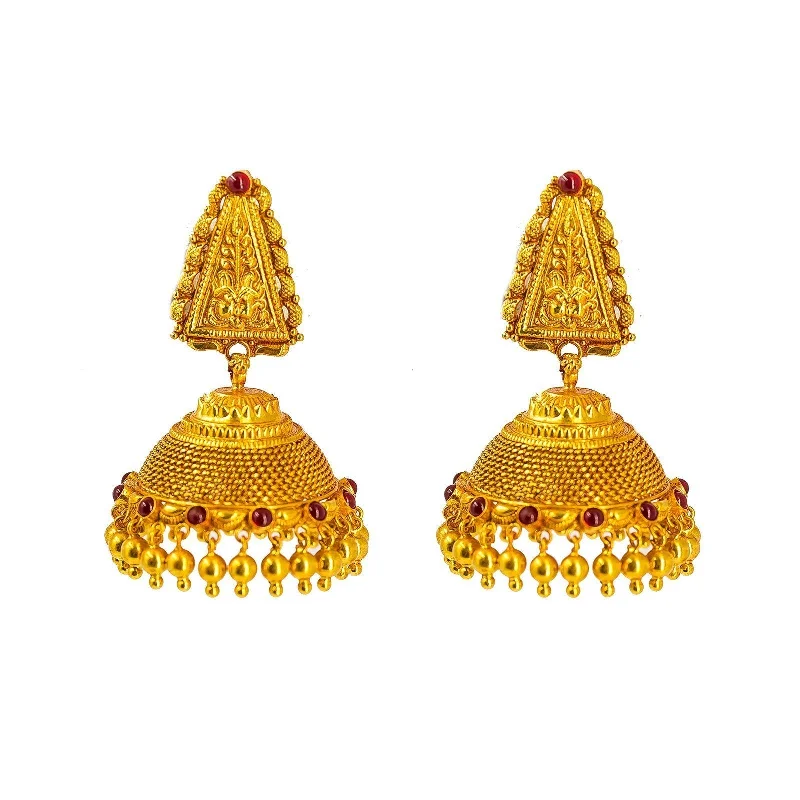 Designer Crystal Earrings-22K Yellow Gold Jhumki Drop Earrings W/ Precious Rubies & Triangular Engraved Pendant