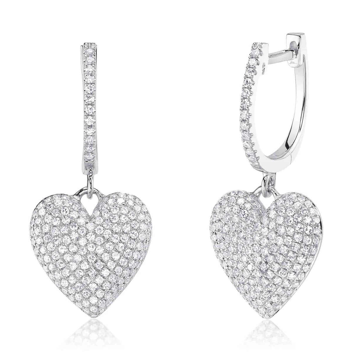 Rose Gold Earrings for Brides-14K White Gold Pave Diamond Heart Huggie Earrings