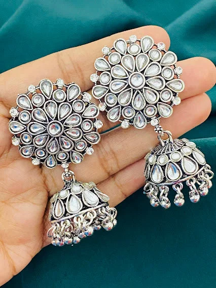 Simple Diamond Earrings-Beautiful Floral Designed Stone Beaded Silver Toned Oxidized Large Jhumka Earrings