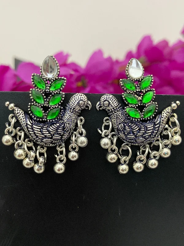 Shiny Crystal Earrings-Elegant Glimmering Green Stone Peacock Design Earrings