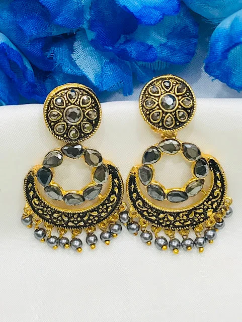 Silver Earrings with Diamonds-Elegant Gray Colored Antique Gold Unique Designed Earrings