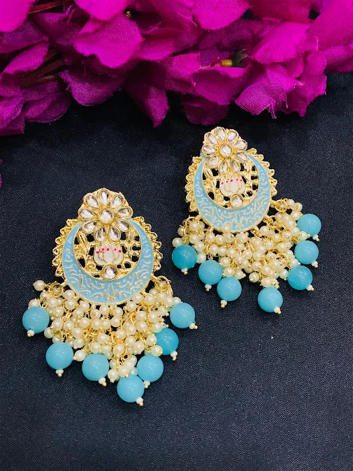 Handmade Gold Earrings-Appealing Sky Blue Colored Gold Plated Earrings For Women