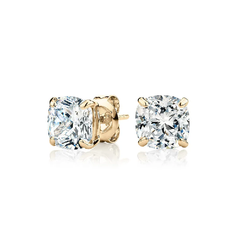 Stylish Stud Earrings-Cushion stud earrings with 3 carats* of diamond simulants in 10 carat yellow gold