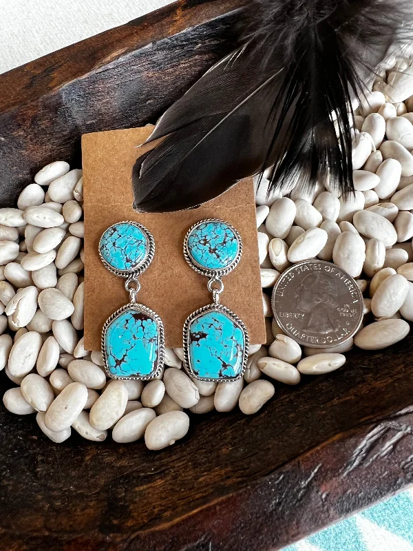 Silver Chain Earrings-Turquoise Two Stone Dnagle Earrings