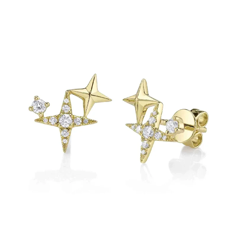 Premium Silver Earrings-14K Yellow Gold Diamond Triple Starburst Stud Earrings