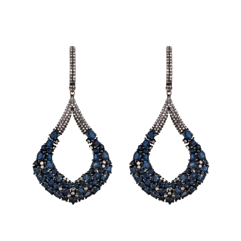 Shiny Hoop Earrings-Diamond & Sapphire Blue Wisteria Earrings