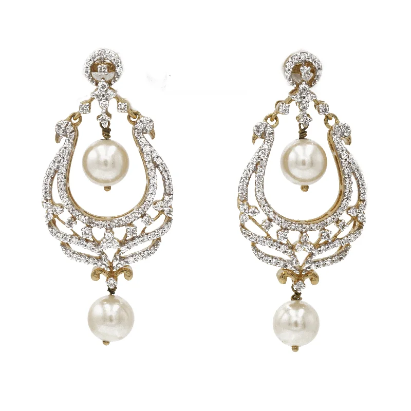 Stud Earrings for Bridesmaids-1.21 ct Diamond drop earrings Chandbali in 18 kt Yellow Gold with Pearls