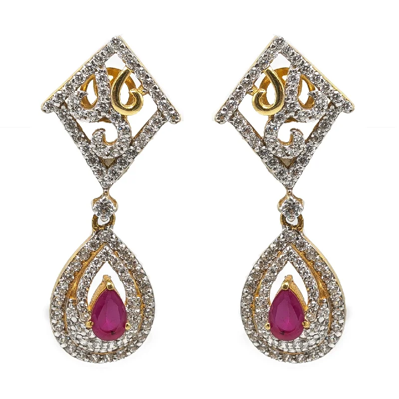 Spiral Silver Earrings-22K Yellow Gold Drop Earrings W/ Rubies, CZ Gems & Faceted Pear Pendant