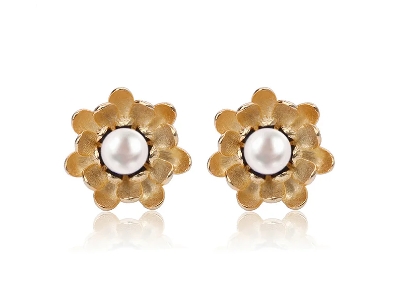 Stud Earrings for Bridesmaids-Pearl Lotus Stud Earring