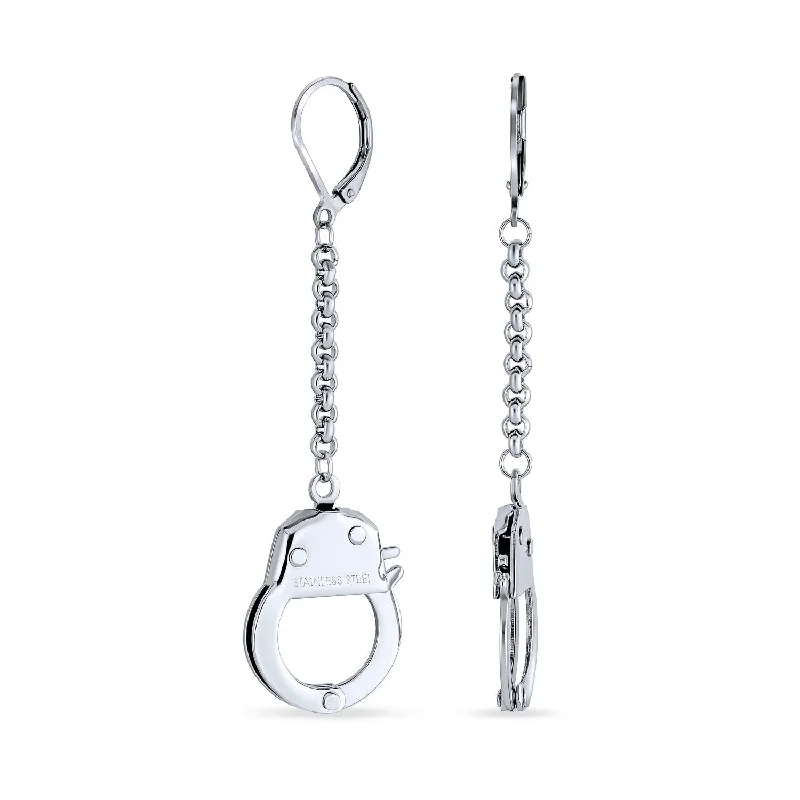 Classic Diamond Earrings-Partners Couples Grey Handcuffs Lever Back Dangle Earrings BlackSilver Tone Steel