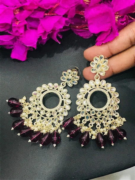 Large Diamond Earrings-Attractive Purple Color Gold Plated Earrings