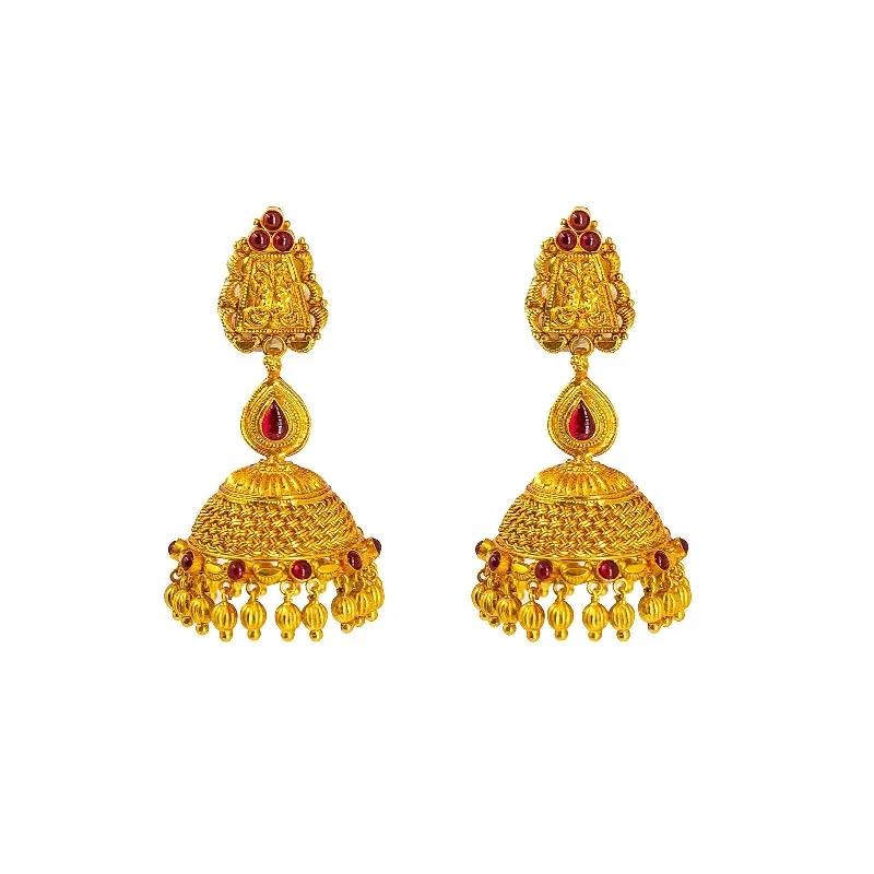 Pearl Earrings for Weddings-22K Yellow Gold Jhumki Drop Earrings W/ Ruby Embellishments on Basket Weave Design