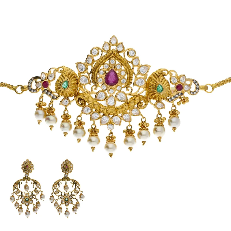 Diamond Drop Earrings-22K Yellow Antique Gold 2-in-1 Choker/Vanki & Chandbali Earrings Set W/ Emerald, Ruby, Pachi CZ, Pearls & Lotus Flower Design