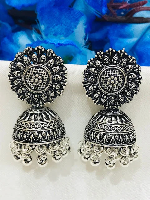 Geometric Dangle Earrings-Graceful Silver Color Oxidized Jhumka Earrings With Beads For Womens