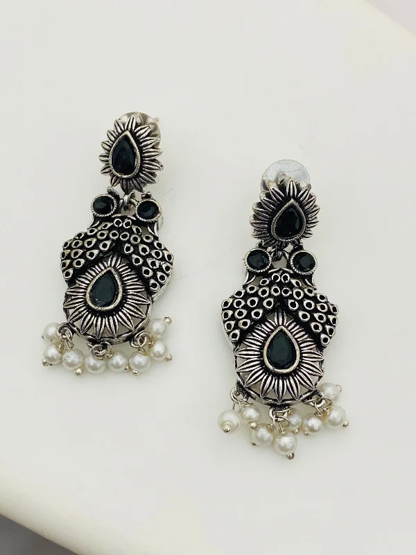 Gold Bead Earrings-Trendy Black Stone Studded Moti Earring With Silver Toned Oxidized Plating For Women