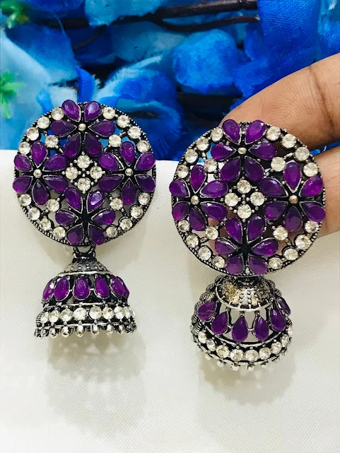 Adjustable Silver Earrings-Lovely Purple Color Oxidized Jhumka Earrings With Glittering Stones For Women