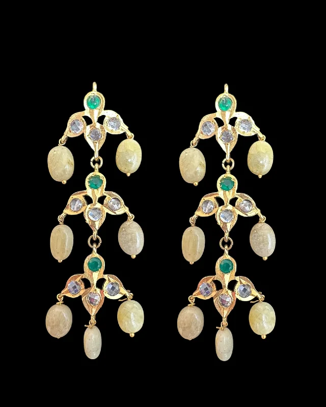 Small Drop Earrings-DER767 Savera Hyderabadi three layered earrings in emerald beads (READY TO SHIP )