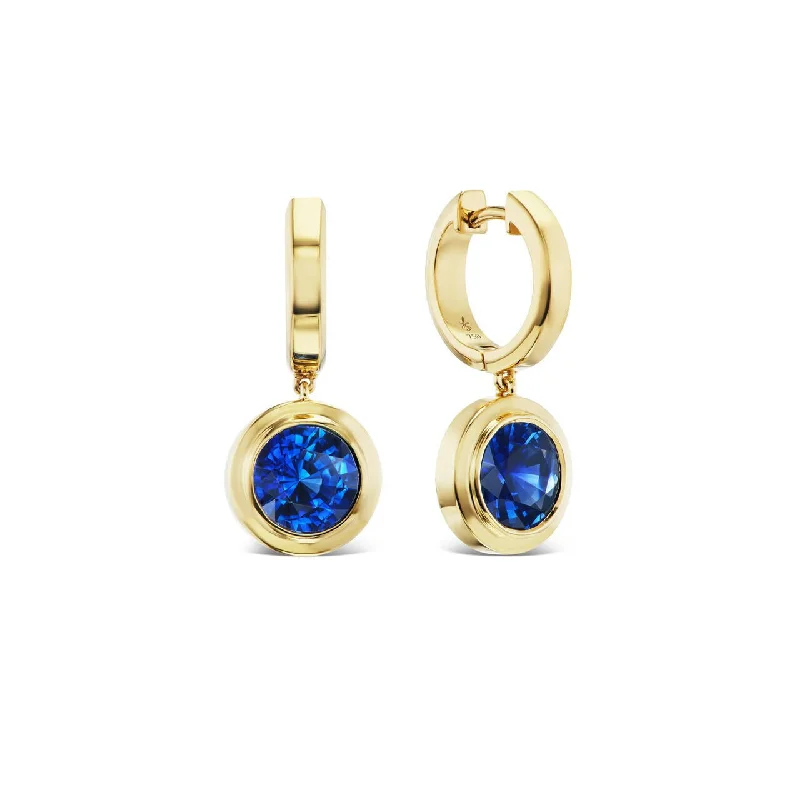 Handcrafted Earrings for Women-SHIELD BEZEL SET SAPPHIRE DROP EARRINGS