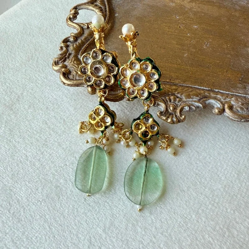 Gold and Pearl Earrings-Siyana Earrings - Mint Green