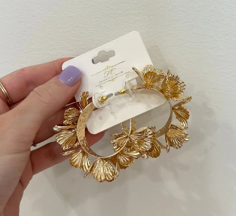 Layered Gold Earrings-Flower Metal Hoops