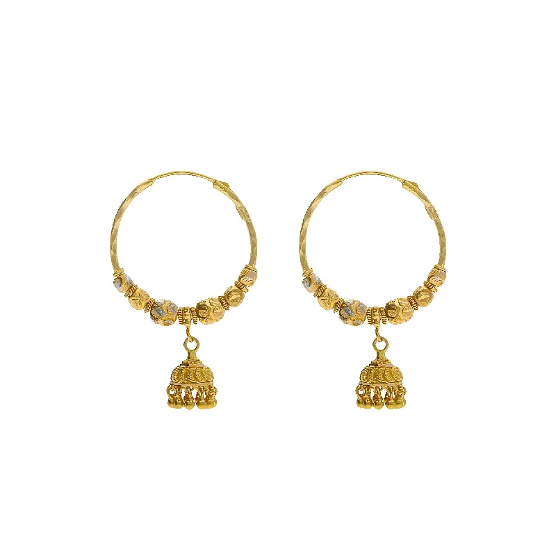 Chandelier Earrings for Weddings-22K Multi Tone Gold Hoop Earrings W/ Cubed Gold Beads & Jhumki Drops