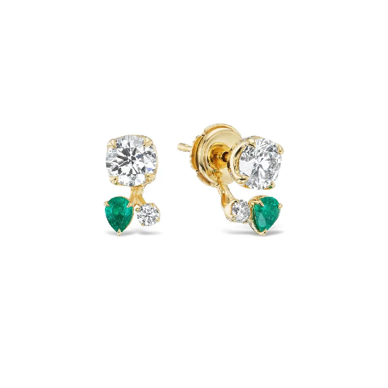 Pearl Earrings for Weddings-EMERALD AND DIAMOND FEATHER STUD EARRINGS