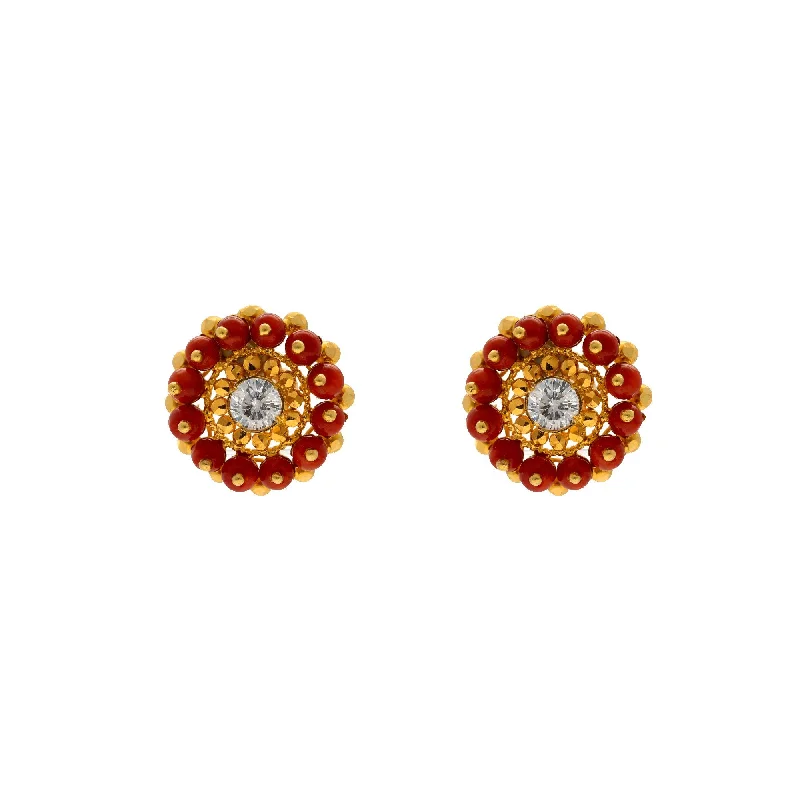 Green Jade Earrings-22K Yellow Gold Red Ekanta Studs