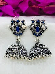 Long Diamond Earrings-Elegant Blue Colored Peacock Design Silver Oxidized Jhumka Earrings