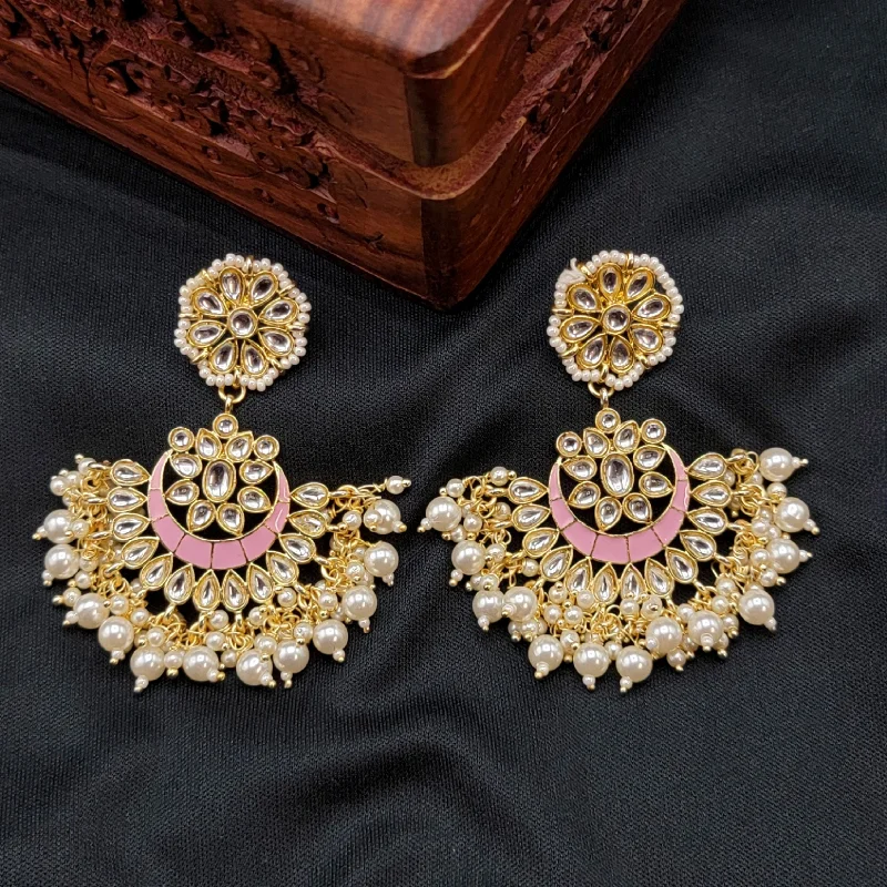 Yellow Gold Earrings-Light Pink Handpainted Kundan Meenakari Pearl Earrings