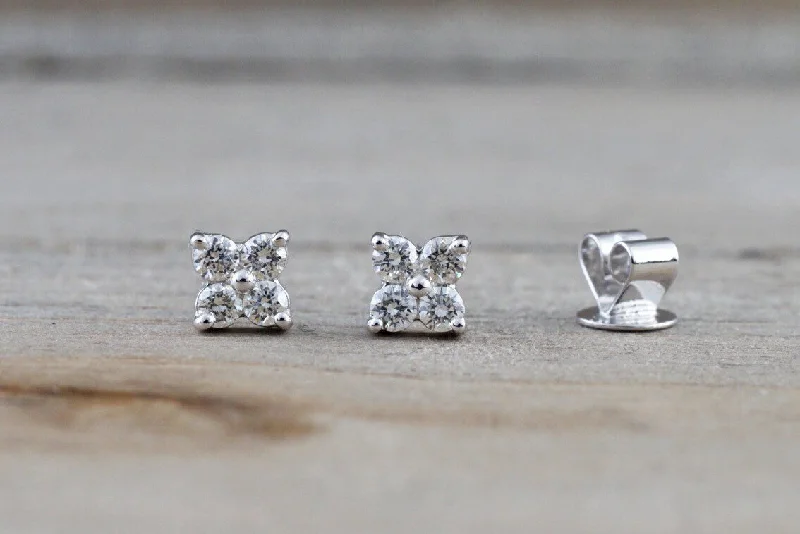 Shiny Stud Earrings-14k White Gold Diamond Clover Flower Earring Studs Stud