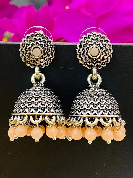 Textured Gold Earrings-Beautiful Oxidized Silver Jhumkas With Orange Color Bead Hangings And Flower Motif Stud