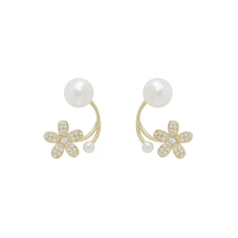 Flower pearl stud earrings-Gold