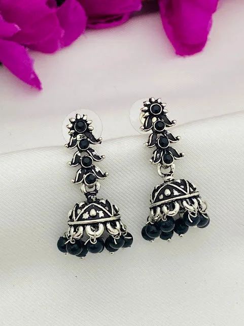 Artistic Gemstone Earrings-Black And Silver Oxidized Small Jhumkas