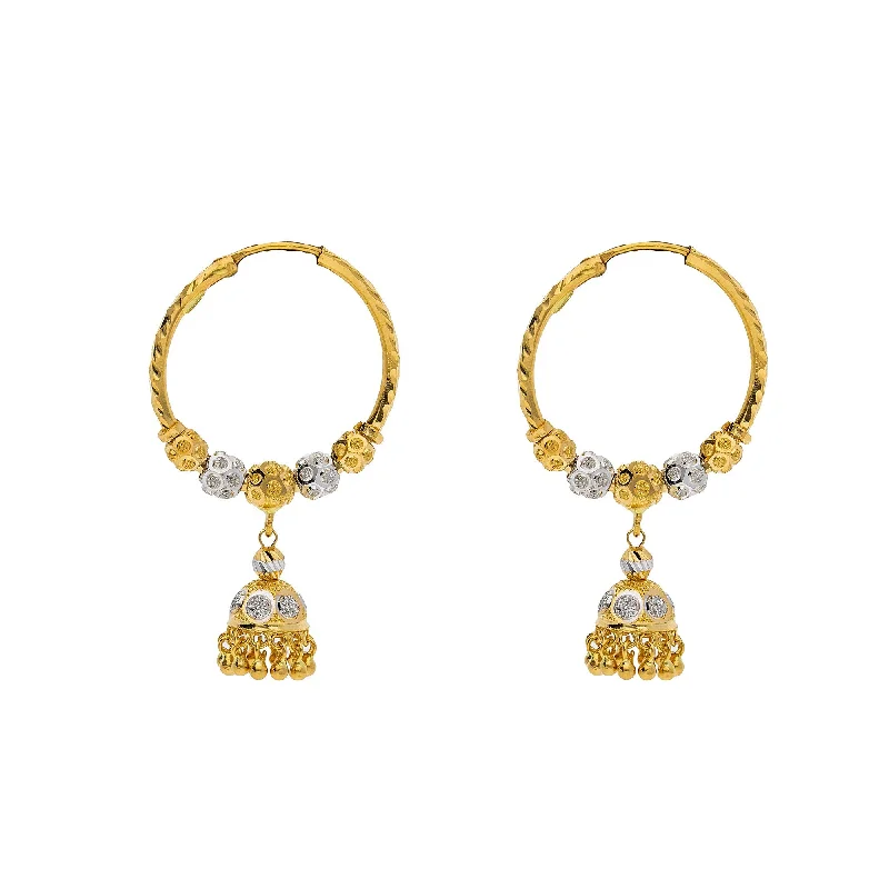 White Pearl Earrings-22K Multi Tone Gold Hoop Earrings W/ Gold Shambala Beads & Jhumki Drops