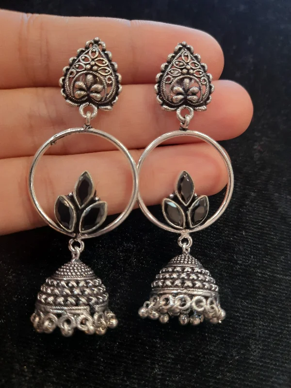 Simple Silver Earrings for Women-Alluring Black Color Floral Design Silver Oxidized Jhumka For Women