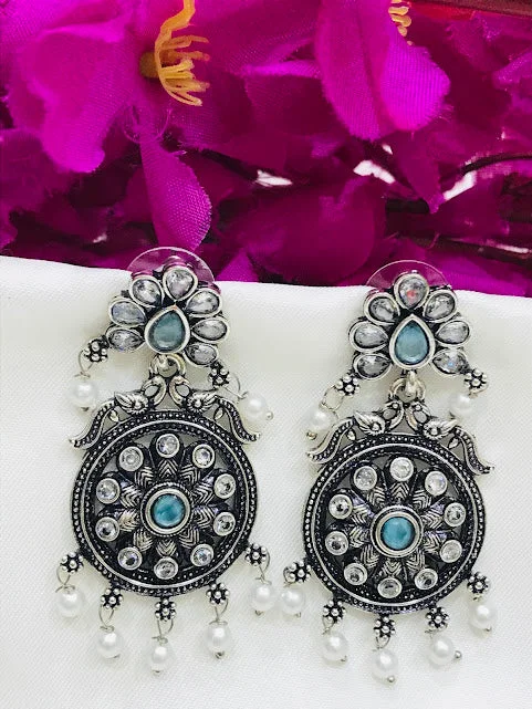 Statement Earrings for Weddings-Beautiful Stone And Beaded Work Sky Blue Colored Oxidized Earrings