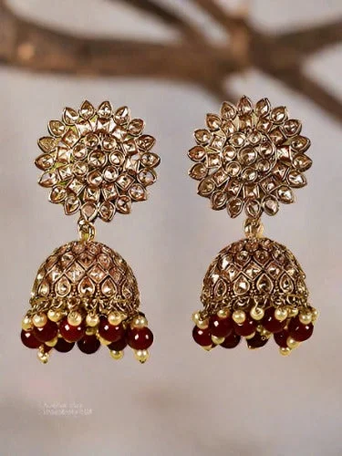 Bright Silver Earrings-Gold-Toned & Ad Studed Marron Beaded Contemporary Jhumkas