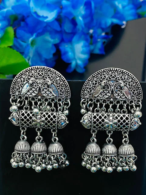 Luxury Bridal Earrings-Beautiful Oxidized Peacock And Trio Jhumka Earrings With Hanging