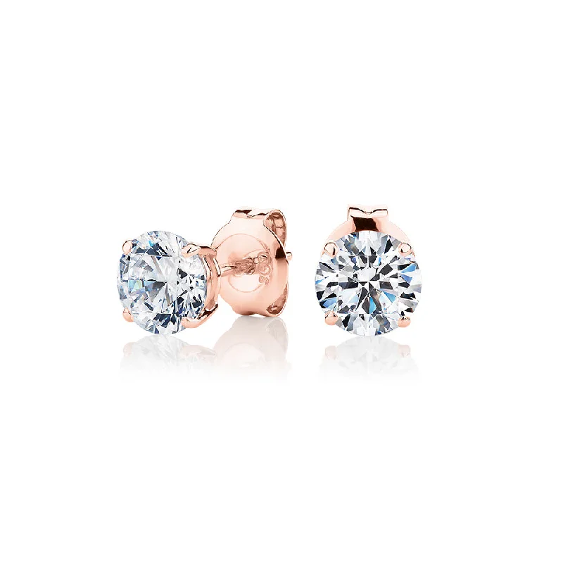 Square Stud Earrings-Round Brilliant stud earrings with 1.5 carats* of diamond simulants in 10 carat rose gold