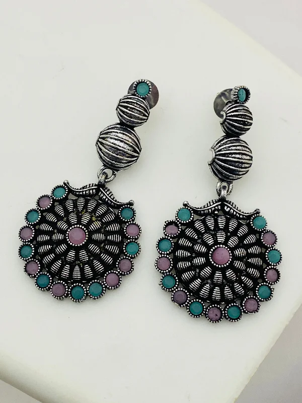 Premium Silver Earrings-Exquisite Multicolor Stone Beaded Floral Designed Silver Toned Designer Oxidized Earrings