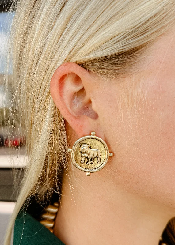 Unique Statement Earrings-Standing Bulldog Coin Earrings